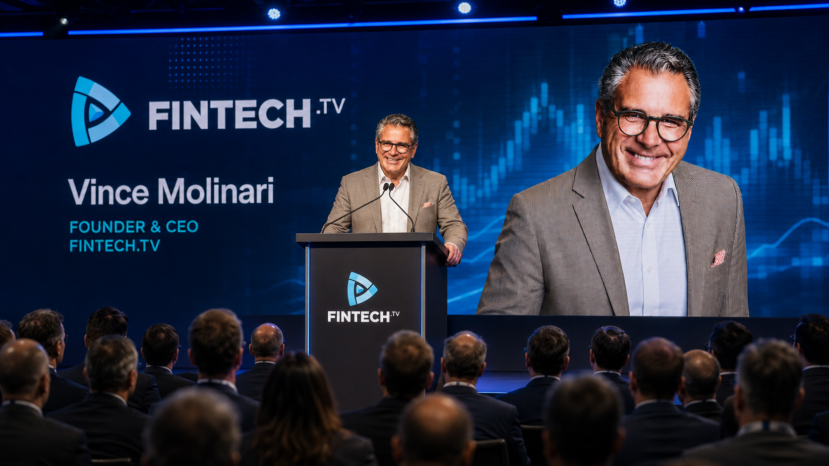 Vince Molinari speaking on stage at a FINTECH.TV broadcast event